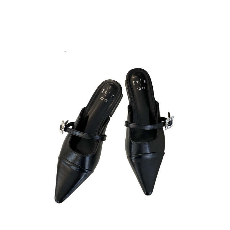 2025 Spring/Summer One-Strap Rhinestone Buckle Single Tote Open Back Pointed Fairy Fashion Closed-Toe Half Slippers Flat Shoes