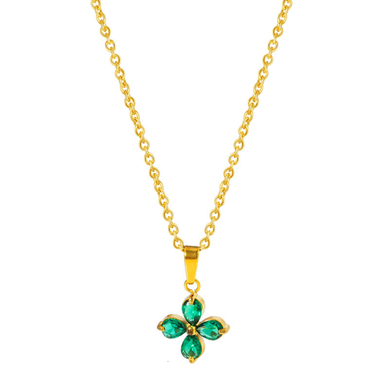Titanium Steel Simple Four-Leaf Clover Flower Petal Zircon Colorful Non-Fading Women Spring Summer Versatile High-End Necklace Jewelry for Women