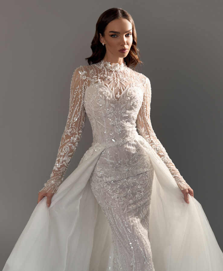 Vintage Mermaid Wedding Dress High Collar Long Sleeves Bridal Gowns Sequins Appliques Detachable Train Dresses Custom Made vestidos de novia