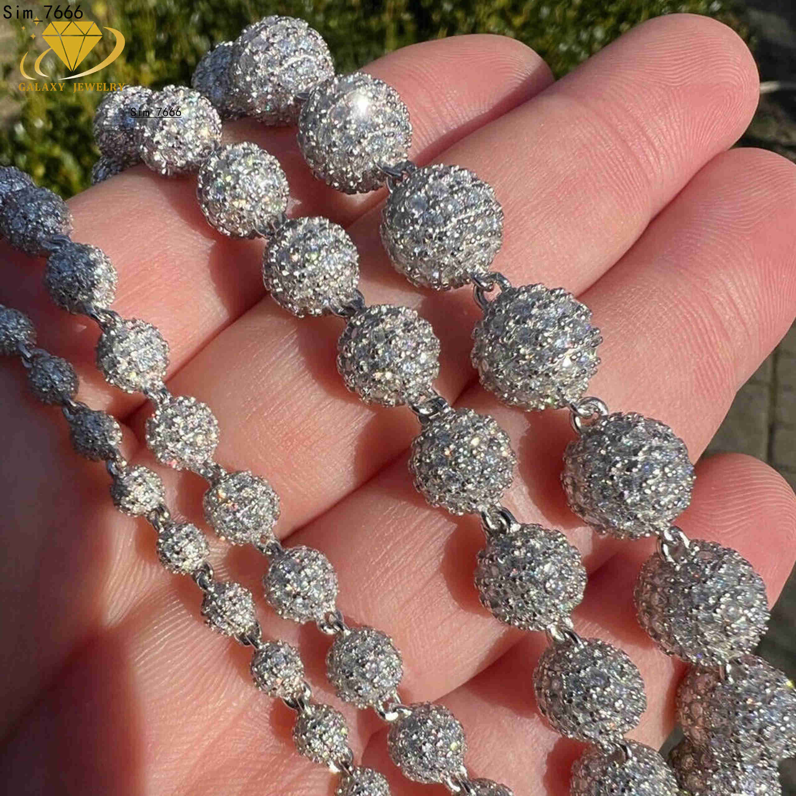 Full Iced Out Round VVS Moissanite Diamond Beads Bracelet Necklace Hip Hop 925 Silver 4mm to 10mm Beaded Cuban Link Chain