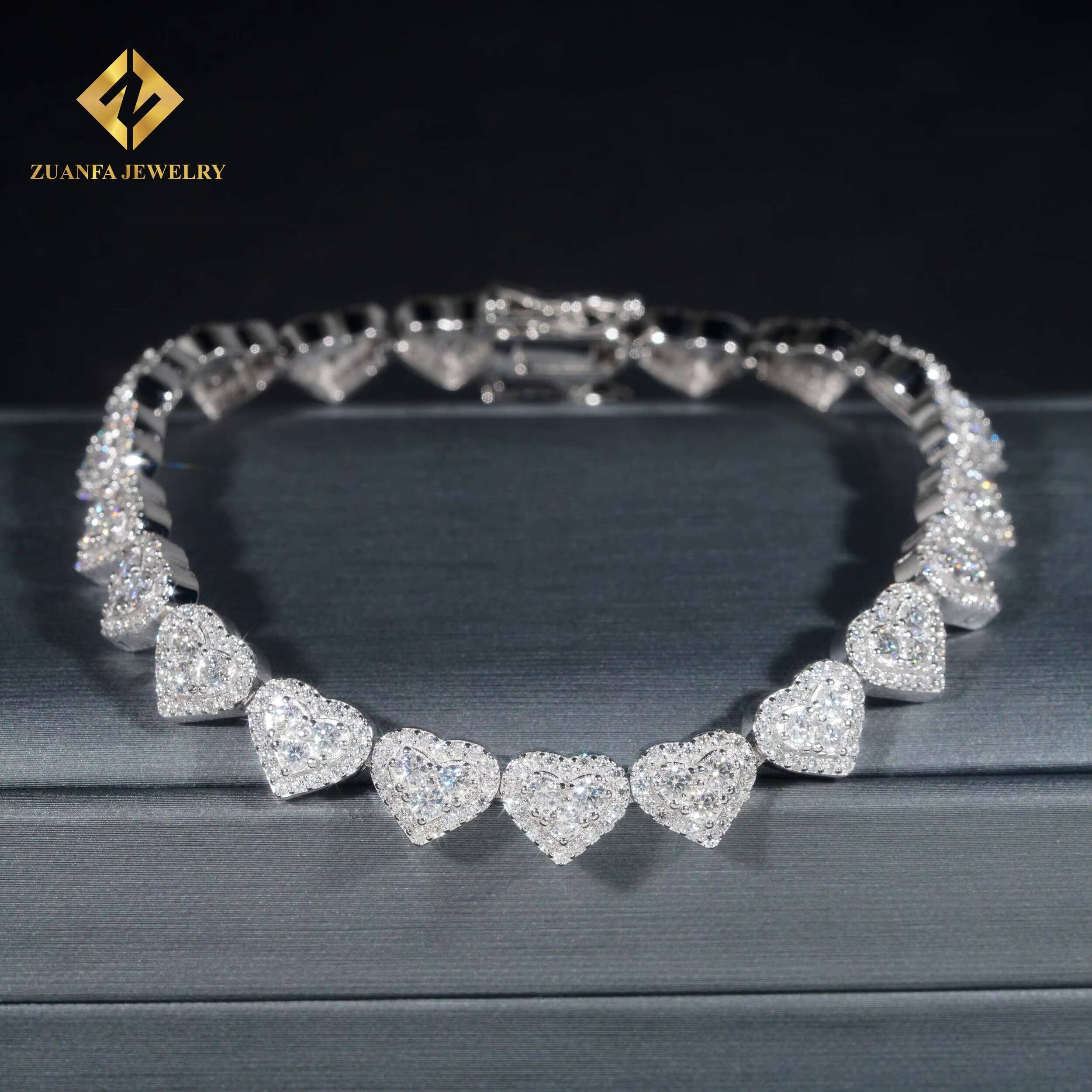 Fashion Jewelry Iced Out Hip Hop 925 Sterling Silver White Gold VVS1 Moissanite Diamond Cluster Heart Shape Hip Hop Bracelet