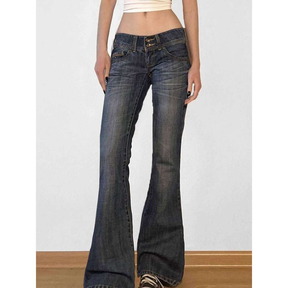 Weekeep Vintage y2k Flared Retro Button-up Low Rise Casual Denim Pants Haruku 2000s Trousers Basic Aesthetic Mom Jeans