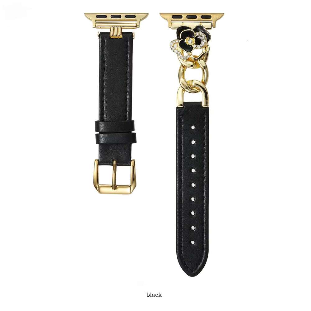 DHgargets Camellia Leather Band for Apple Watch - Genuine Cowhide Strap with Metal Flower Charm (6 Colors, All Sizes)