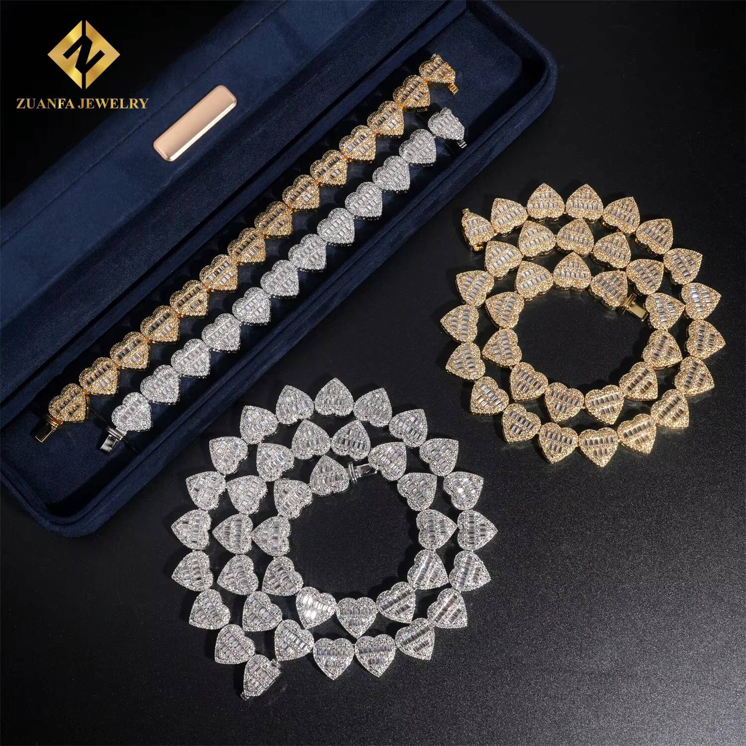 13mm Iced Out Heart Cuban Hip Hop Style Jewelry Bracelet Cuban Link Chain Baguette VVS D Moissanite Diamond Necklace Women Men