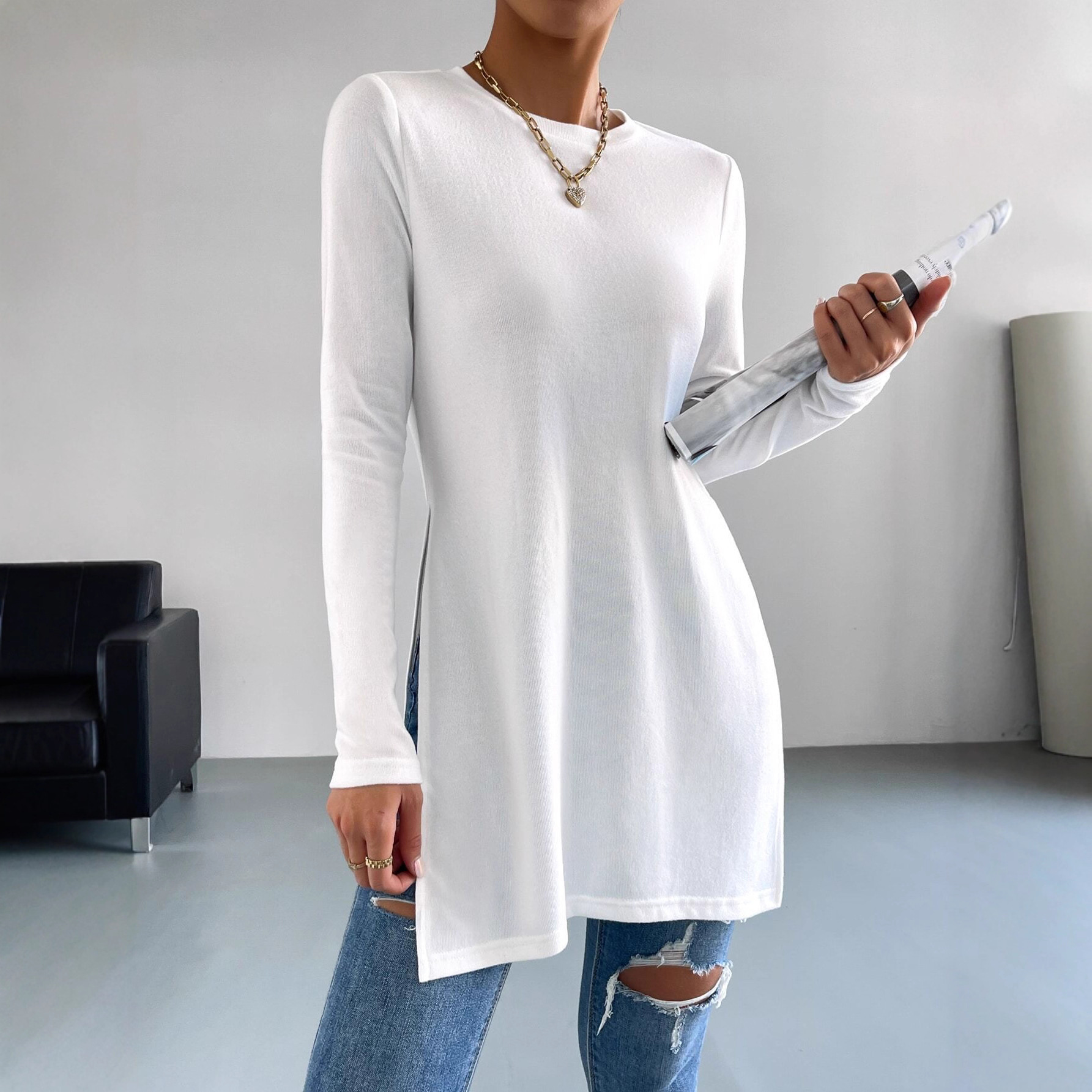 Women's Sleeve Top Solid Color Hem Split Long Version T-Shirt for Women
