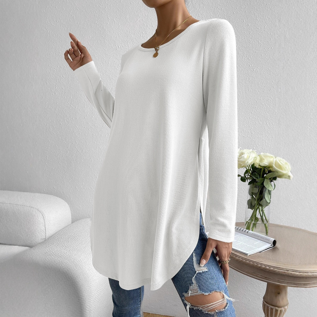 2025 Women's Autumn Winter Casual Side Slit Hem Solid Color Round Neck Long Sleeve T-Shirt