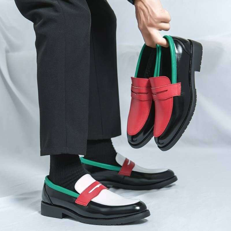New Fashionable Black And White Color-blocking Business Casual Loafers Leather Pointed Toe Men's Banquet Dress Wedding Shoes