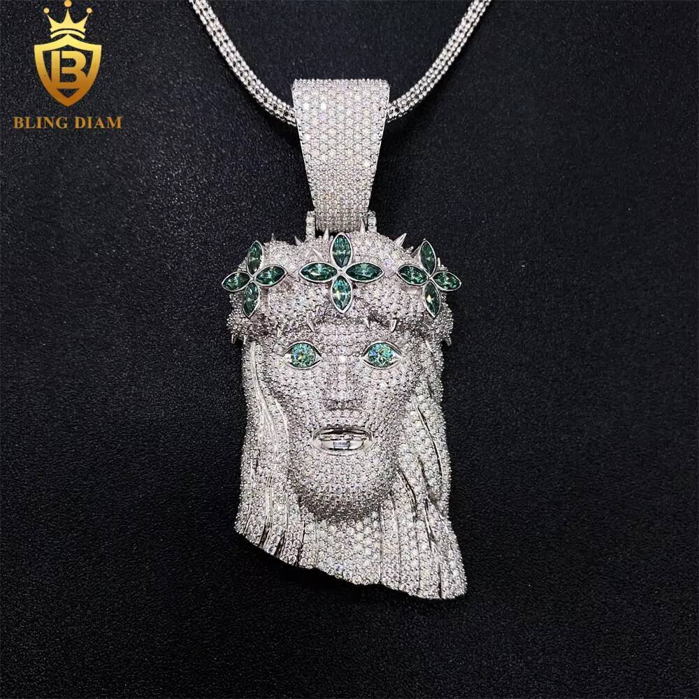 Gra Certificate Luxury Jewelry Jesus Head Blue Green Vvs Moissanite Iced Out Diamond Pendant 925 Sterling Silver