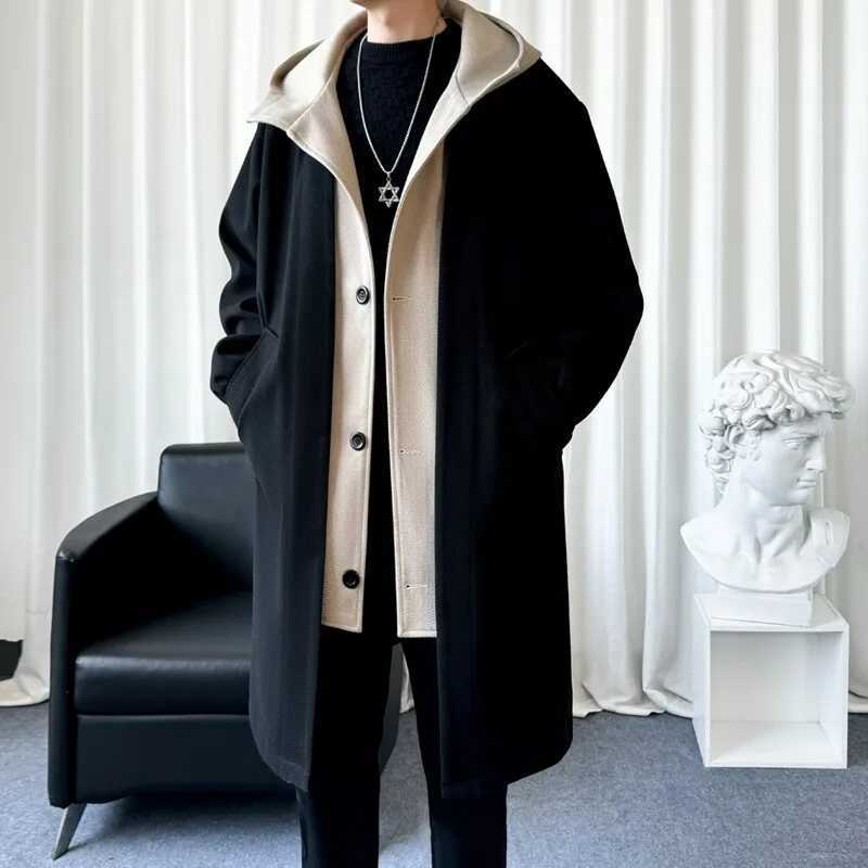 2025 Autumn and Winter New Mens High-Quality Extended Fake Two-Piece Hooded Windbreaker Jacket Trendy Mens Fashionable Casual W250815