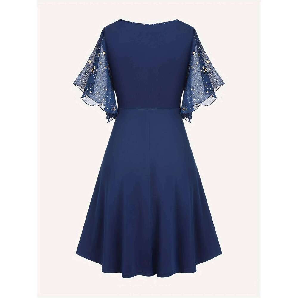 Fashion Women's Plus Size Explosions Star Print Button Pocket Pleats Butterfly Sleeve Elegant Temperament Dress