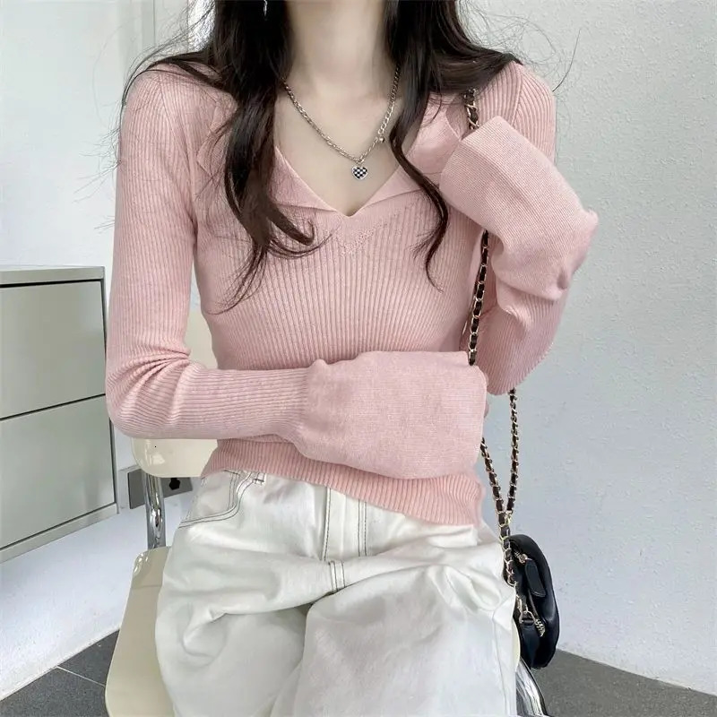 Black Casual Women Polo Neck Tee Shirt T Shirts Woman Top Korean Fashion Clothing Long Sleeve Clothes High Quality Streetwear 250814