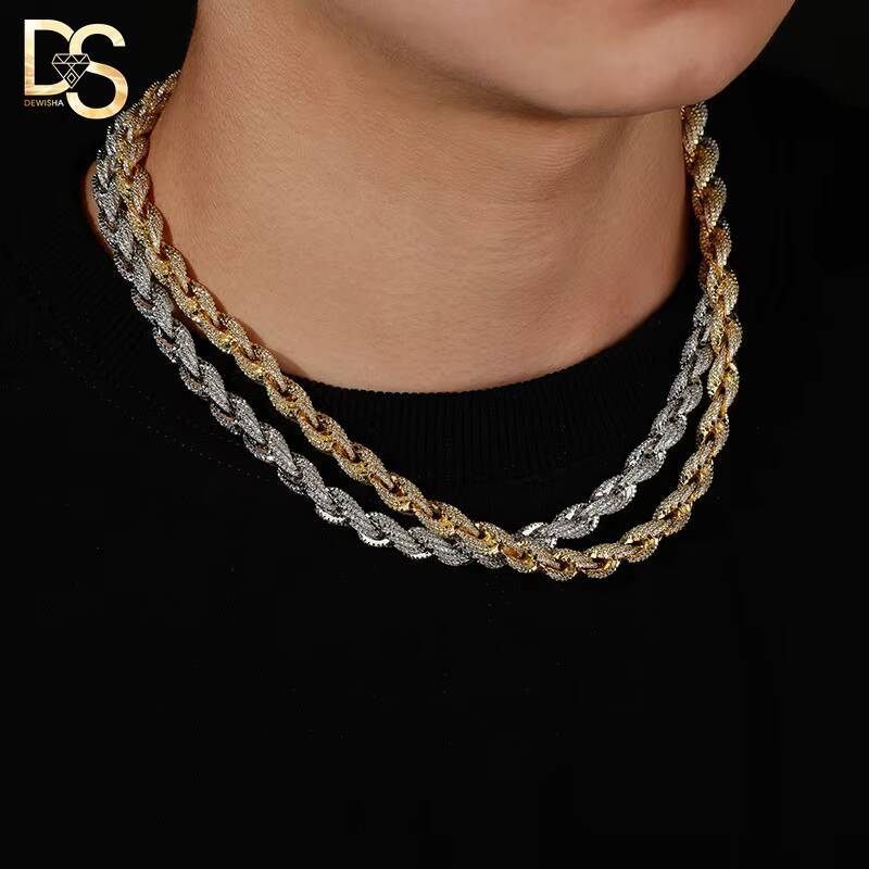 8mm Spring Buckle Full Moissaniteium Twisted Hip Hop Bracelet Twist Rope Cuban Link Chain Necklace
