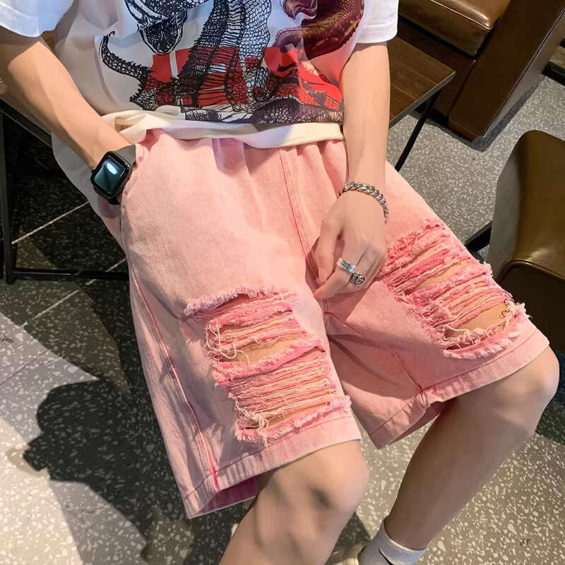 Pink Distressed Denim For Men Summer American High Street Trendy Brand Beggar Pants Niche Design Five-Point Mid-Length Shorts B5