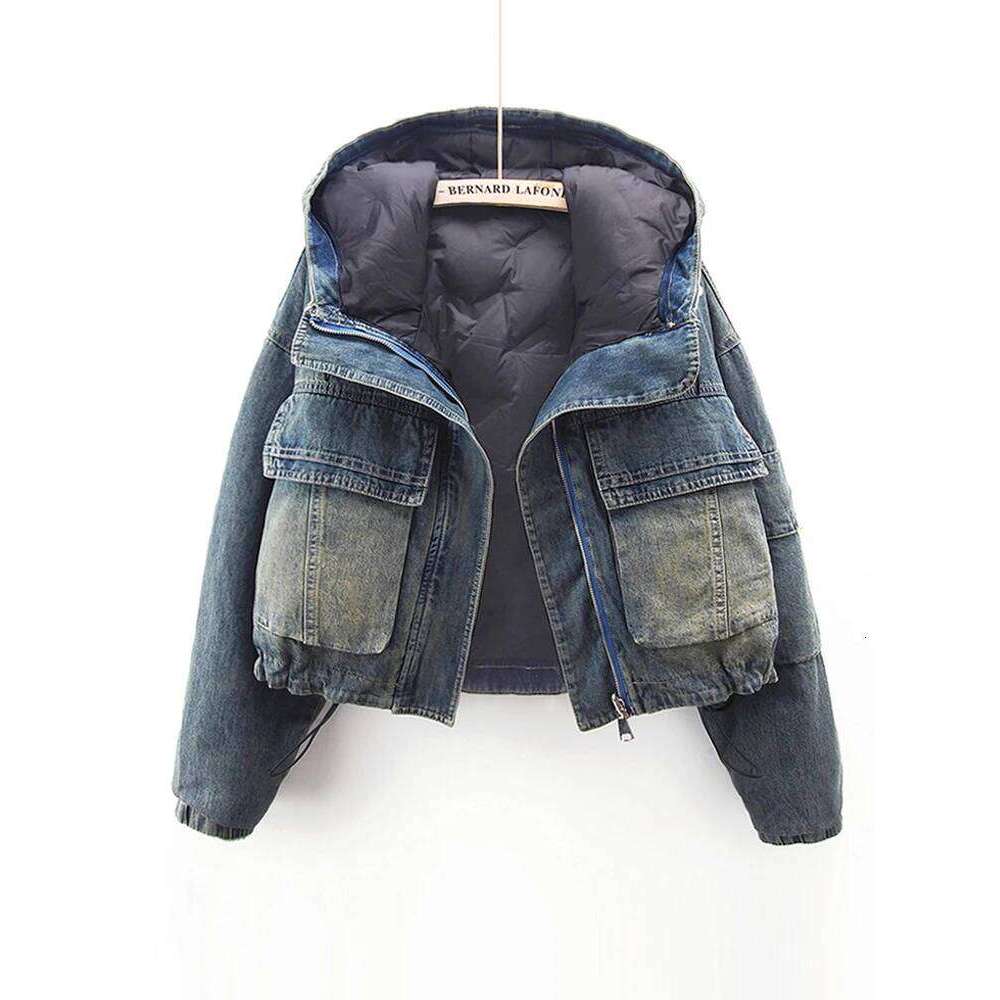 Korean Version Denim Jacket With Double-sided Patchwork Hooded Short Cotton Coat For Women Winter New Fashion Design Trendy