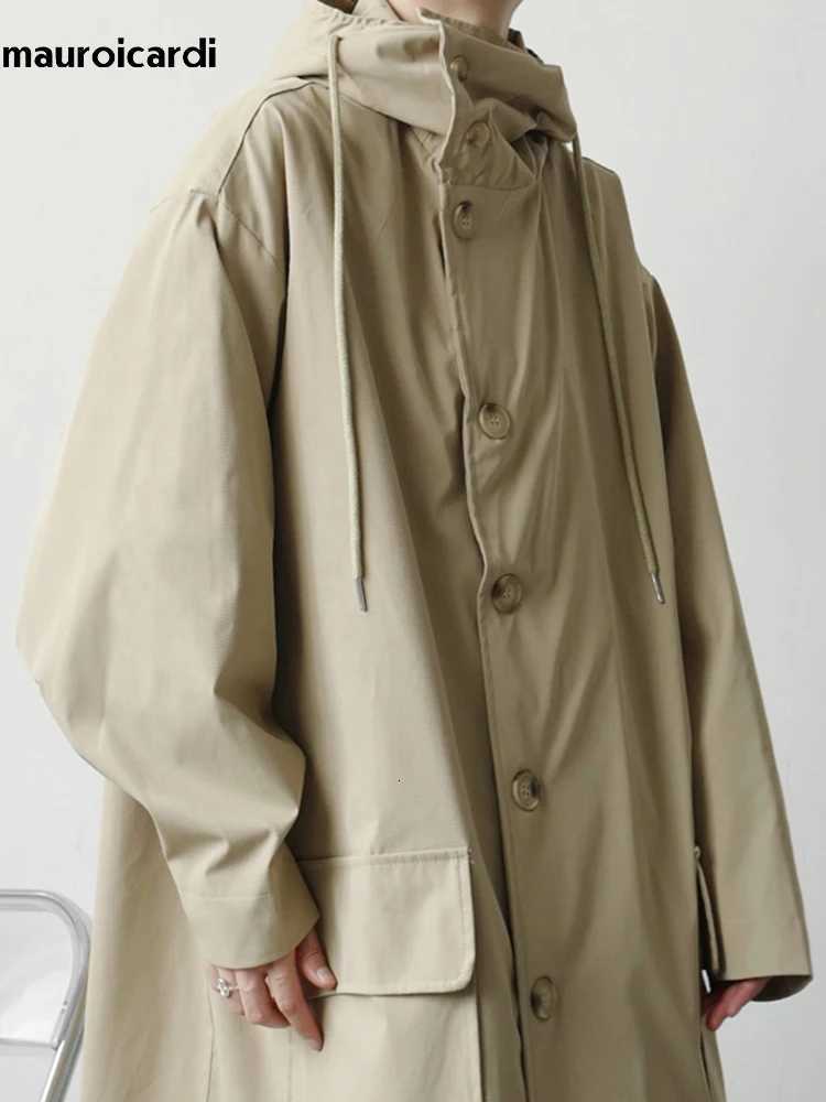 Mauroicardi Spring Autumn Long Black Khaki Oversized Trench Coat Men with Hood Pockets Loose Casual Windproof Windbreaker 2023 W250815