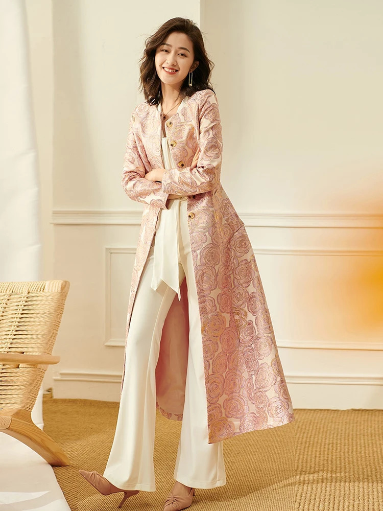 Women Long Trench Jacquard Coat Button Front Overcoat Fall Winter Floral Elegant Jackets Outerwear Party Outfit Clothes 250805