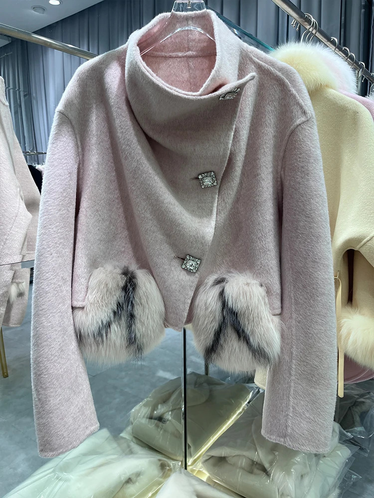 Winter Cashmere Wool Woolen Jacket Fur Coat Women Natural Fox Fur Pocket Ladies Outerwear Female Coat 250811
