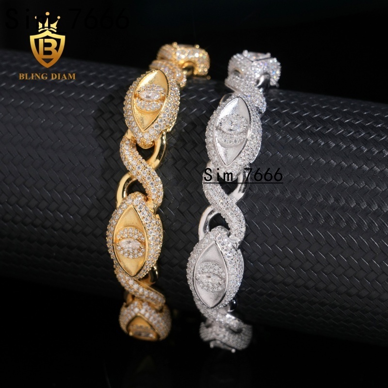 Pass Diamond Tester 12mm Rapper Jewelry Iced Out Hip Hop S925 Moissanite Evil Eyes Diamond Jewelry Cuban Link Bracelet Man