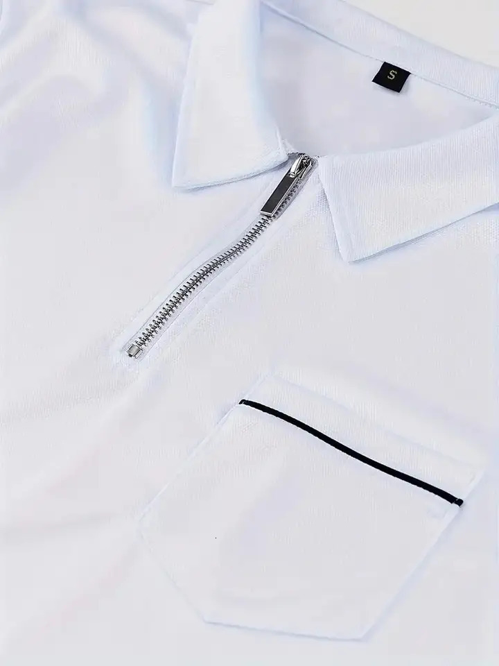 Spring Autumn Solid Color Long Sleeve Polo Shirt Zipper Pocket Lapel Mens Casual Sports Top Men 250814