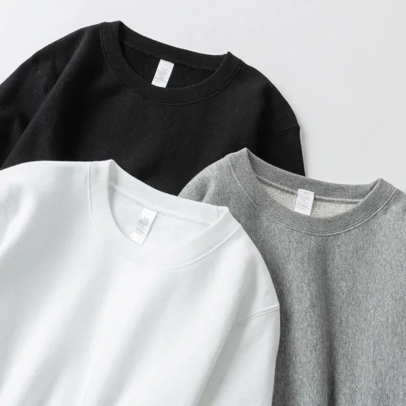 Heavyweight Basic Crew Neck Sweatshirt 460g Pure Cotton Fleece Lined Loose Fit Unisex Winter Top in Black White And Grey 250814