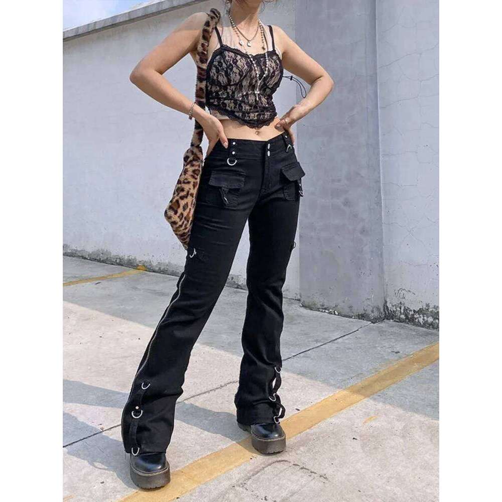 Women Low Waist Jeans Denim Straight Flare Pants Vintage Pockets Zipper Denims 2024 Autumn Streetwear Ankle Length Trousers