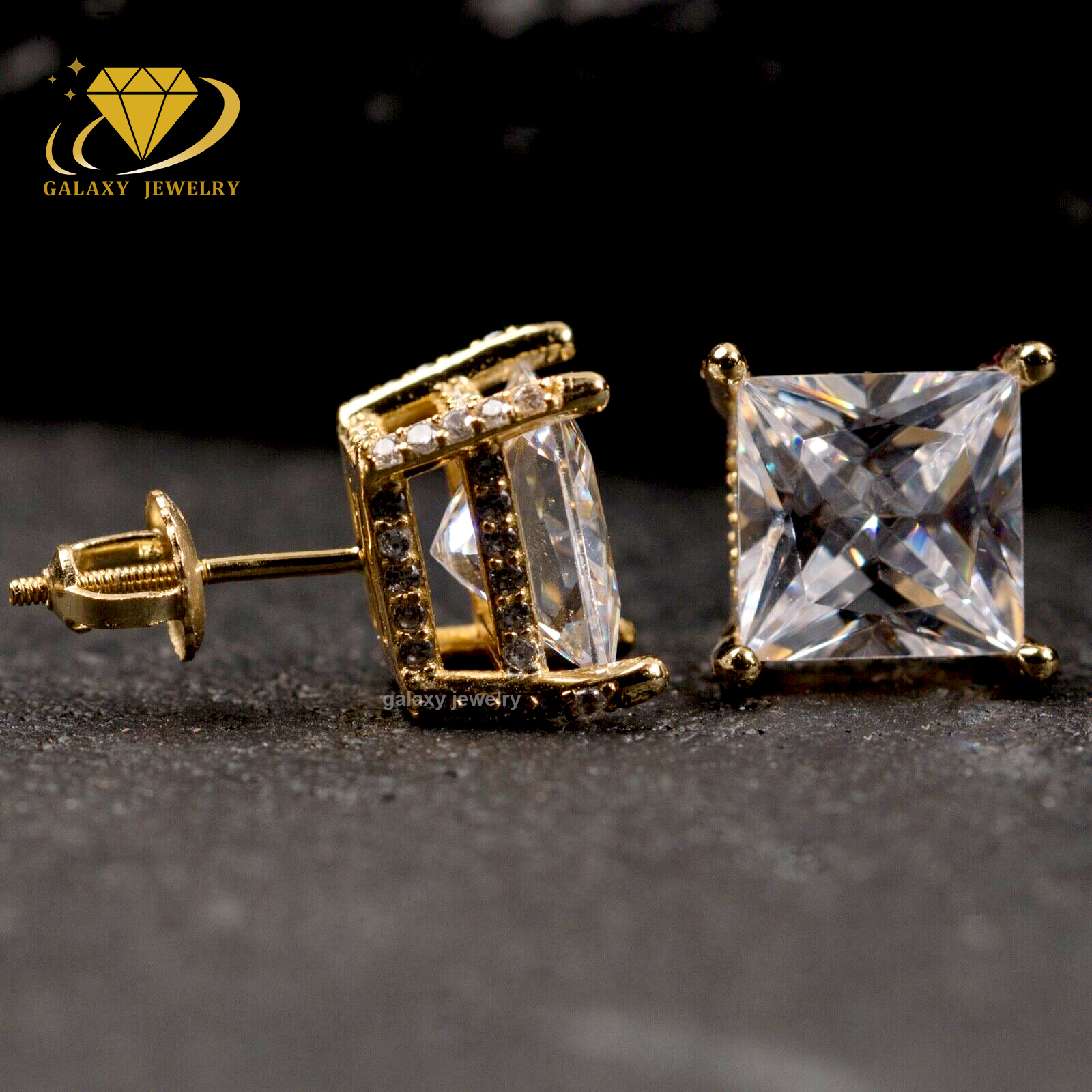 Full Iced Out Mens Large Square Studs Princess Cut Vvs Moissanite Diamond Gold Plated 925 Sterling Silver Hip Hop Earrings