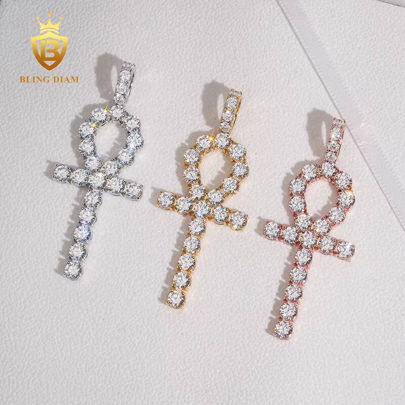 Wholesale Price Bling Hip Hop Jewelry Moissanite Iced Out Ankh Cross Pendant 925 Sterling Silver Diamond Fine Men Women