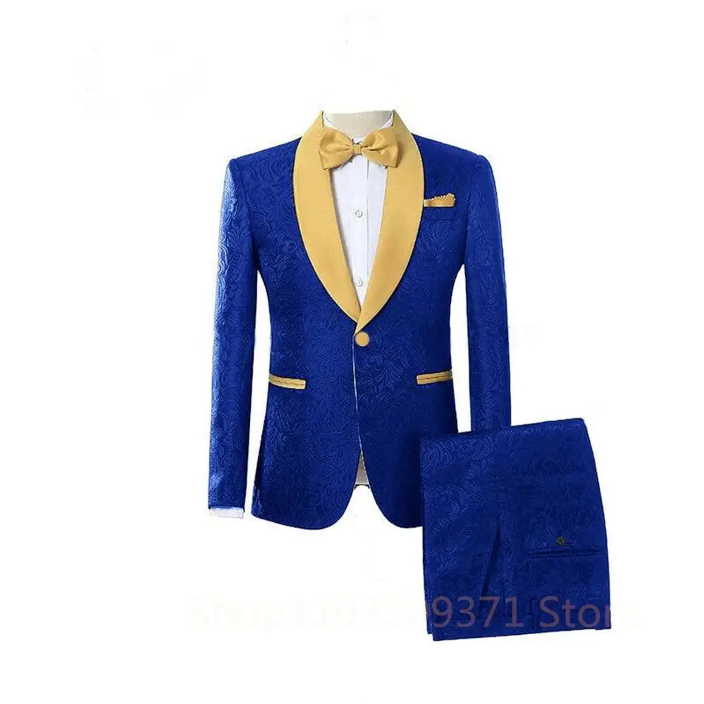 Elegant Royal Blue Jacquard Men Suit Wedding Groom Tuxedo Prom Slim Fit Blazer Hombre High Quality Custom 2 Piece Costume Homme 250811