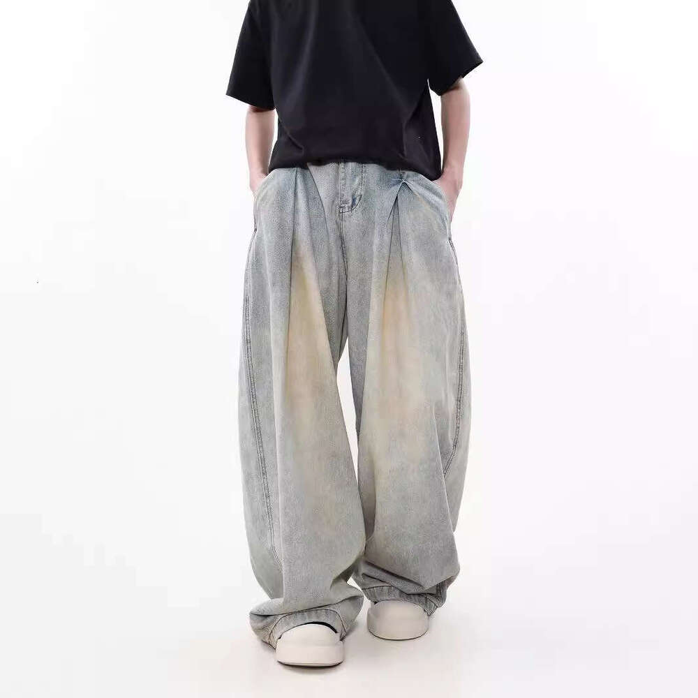 American Style Wrinkled Washed Jeans For Men, Niche High-End Loose Wide-Leg Floor-Length Pants B5