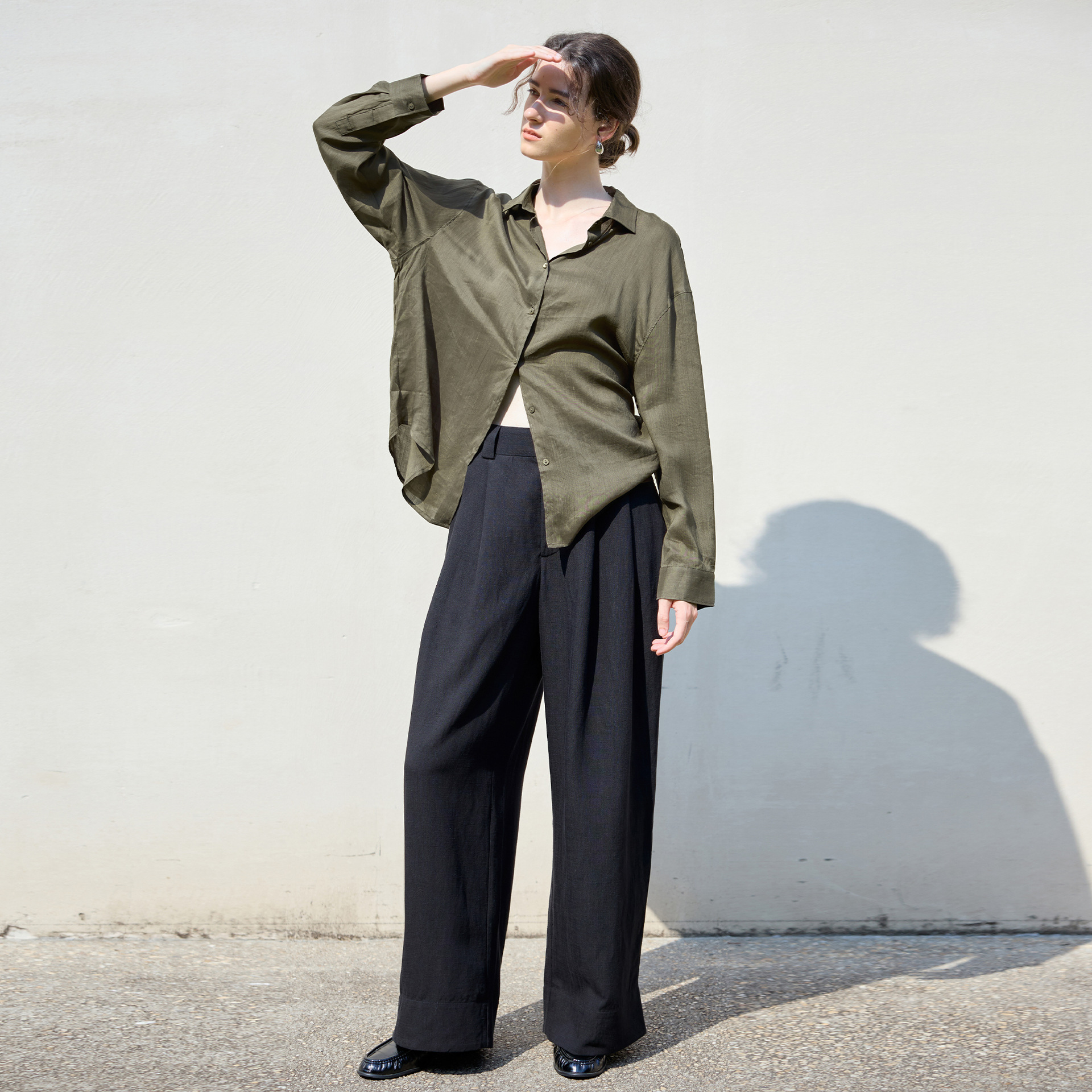 Old Style Loose Solid Color Women's Simple Single-Breasted Long Sleeve Shirt Relaxed Tencel Linen Top