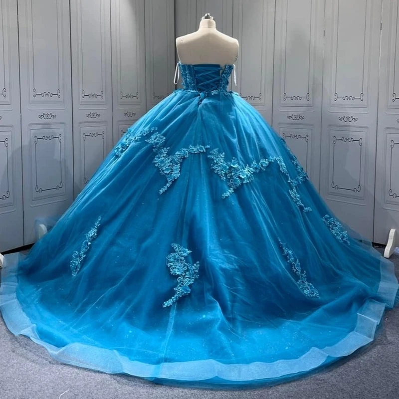 Blue Shiny Princess Sweet 16 Dress Quinceanera Dresses Off The Shoulder Applique Lace Tull Party Birthday Vestido De 15 Anos