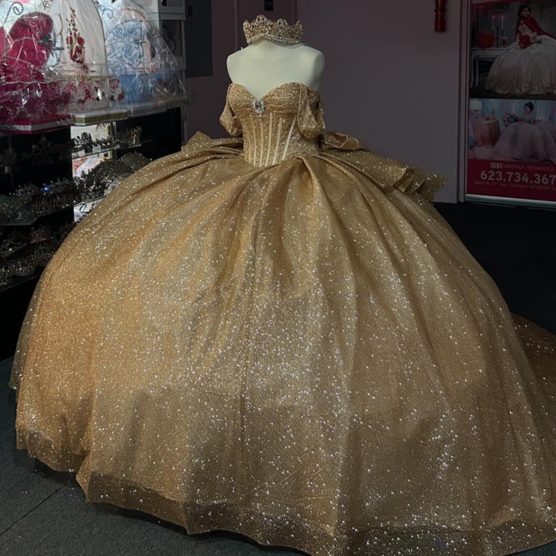 Gold Shiny Princess Sweet 16 Dress Dress Quinceanera Dresses Sequin Beads Bow Corset Tull Party Birthday Vestido De 15 Anos Ball Gowns