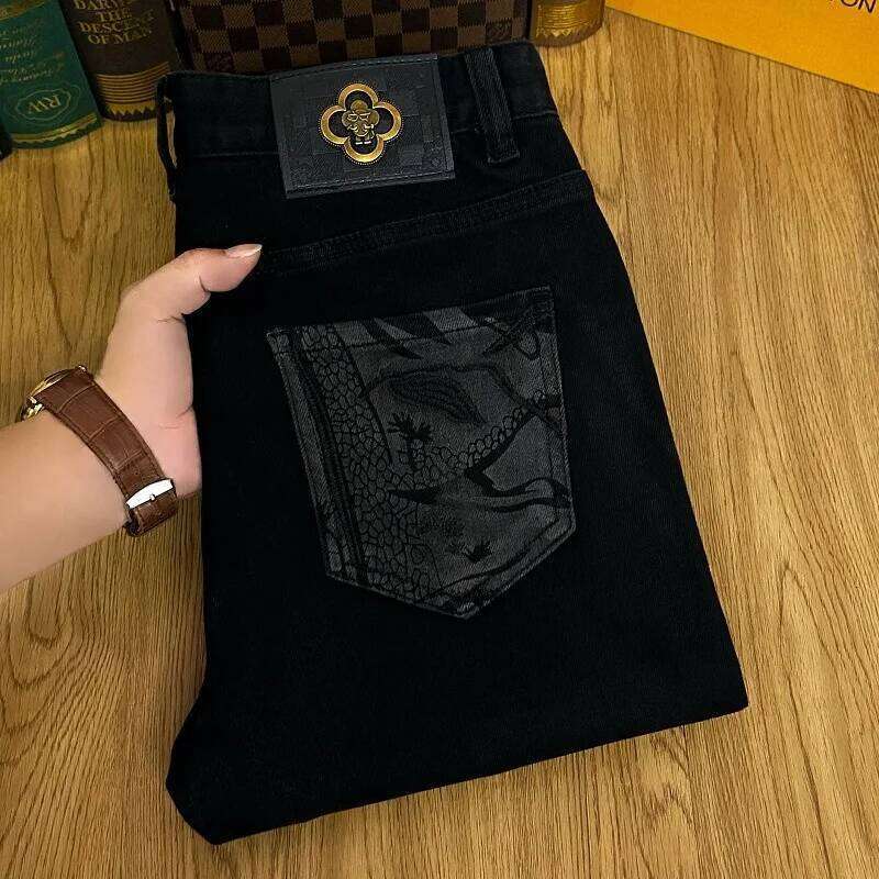 2024 Light High-End Black Denim Trousers Men's Fashion Design Landscape Painting Printing Stretch Slim Fit Skinny Pants
