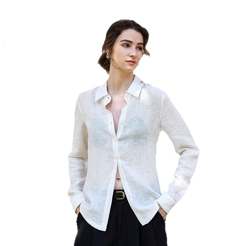 2025 Autumn Pure Linen Women's Shirt Loose Old Money Style Single-Breasted Solid Color Top Slightly Sheer Minimalist Blouse
