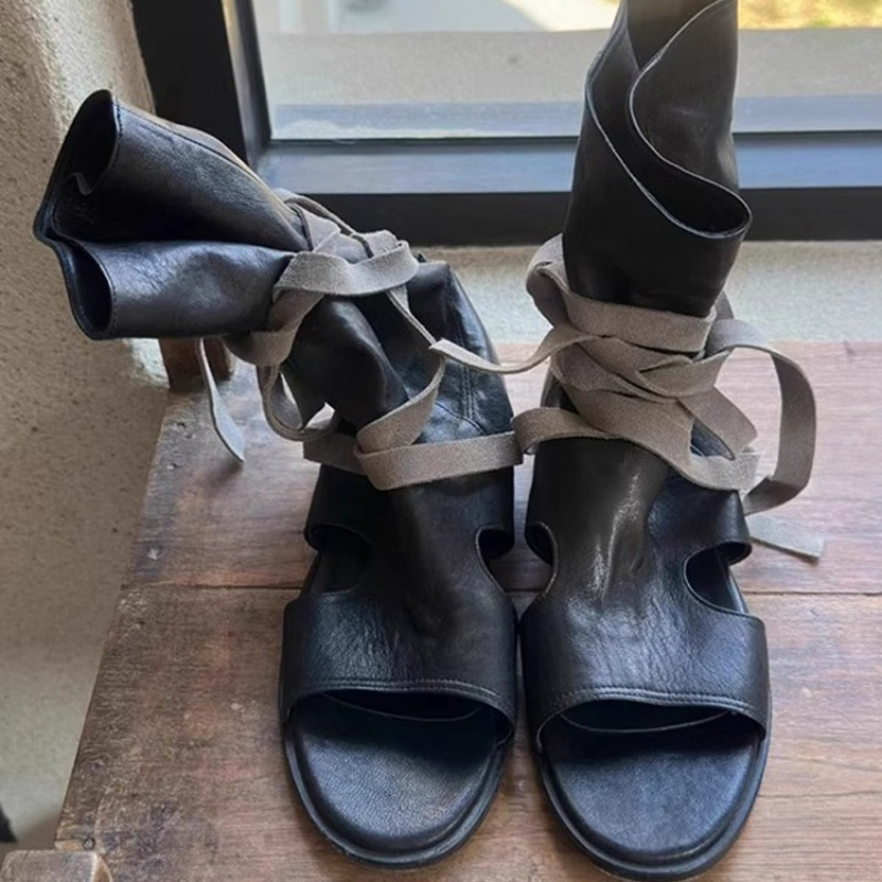 Designer Cowboy Boots Fashionable Women High Top Flats Women Summer Lace Up Open Toe Sandals Western Boots 35-40 XY74