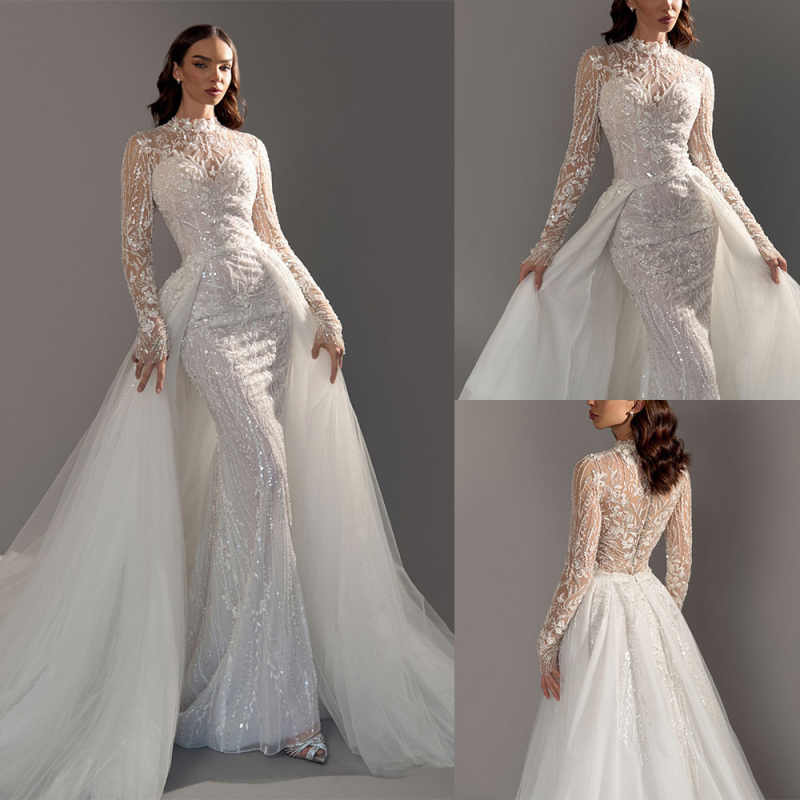 Vintage Mermaid Wedding Dress High Collar Long Sleeves Bridal Gowns Sequins Appliques Detachable Train Dresses Custom Made vestidos de novia