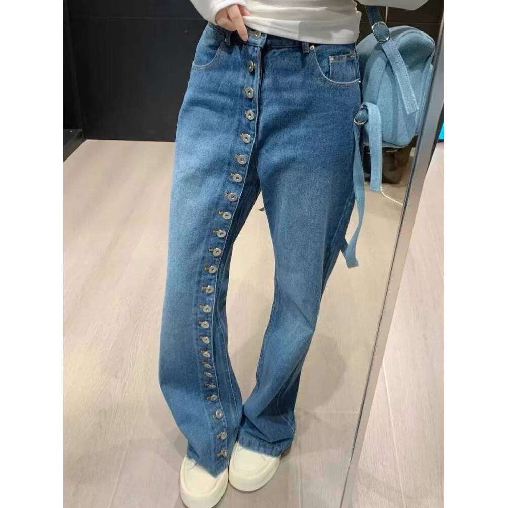 New Fashion Retro Design Multi Button Jeans For Women Slim High Waisted Straight Wide Leg Pants