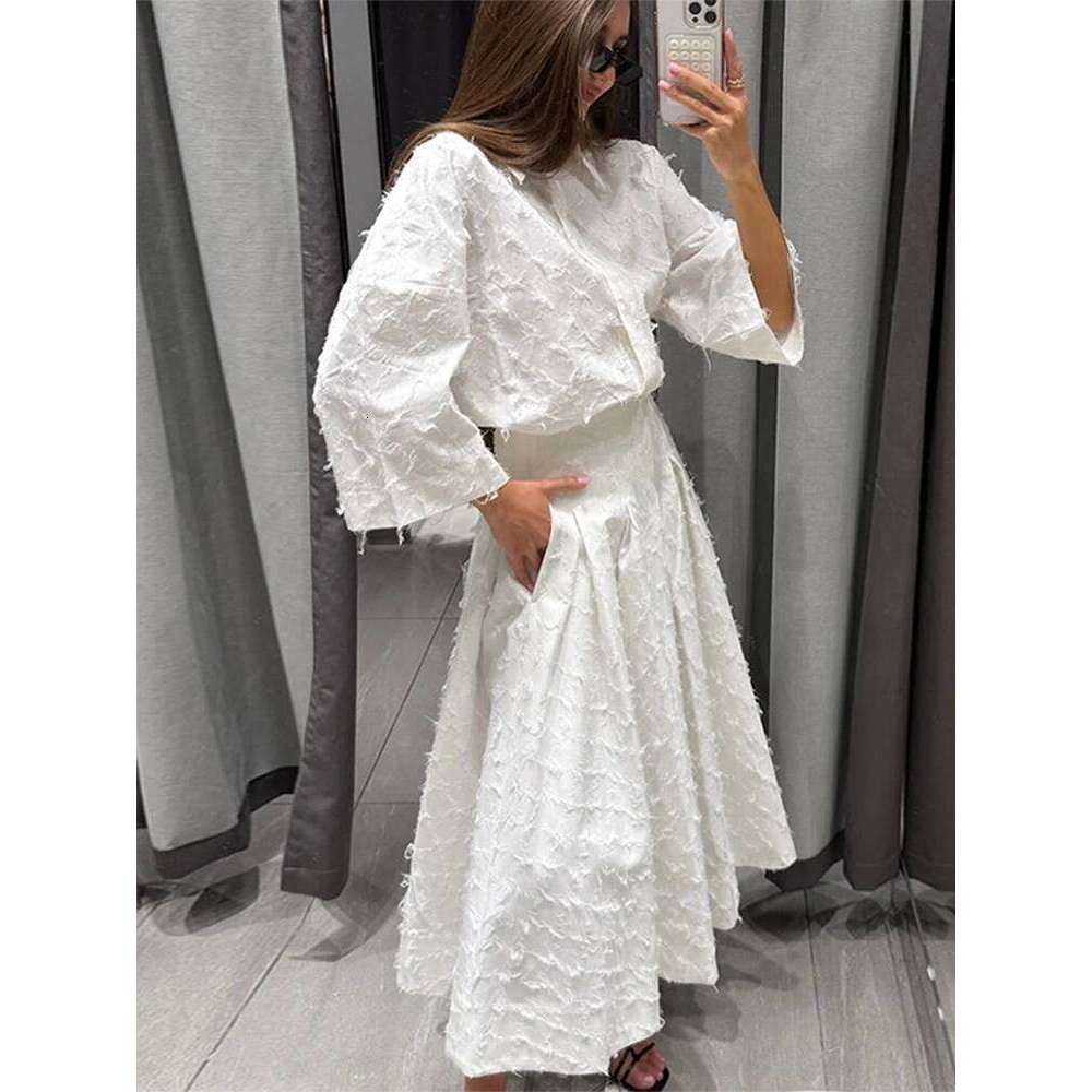 Elegant Fringes Shirt Skirt Set Women Half Sleeve Lapel Single Breasted Shirts A-line Long Skirts Suit Summer Lady Sets