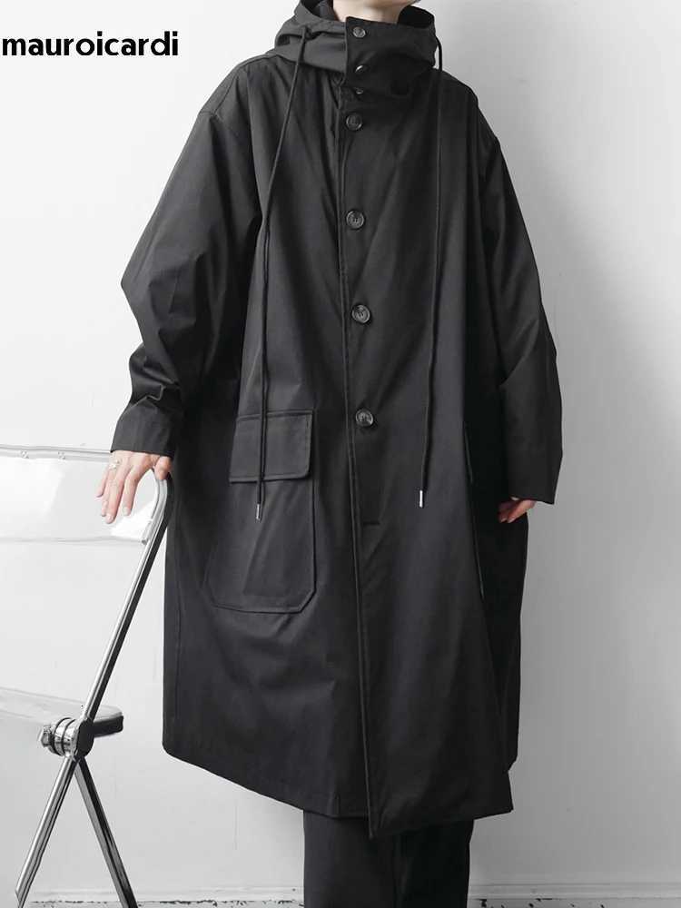 Mauroicardi Spring Autumn Long Black Khaki Oversized Trench Coat Men with Hood Pockets Loose Casual Windproof Windbreaker 2023 W250815