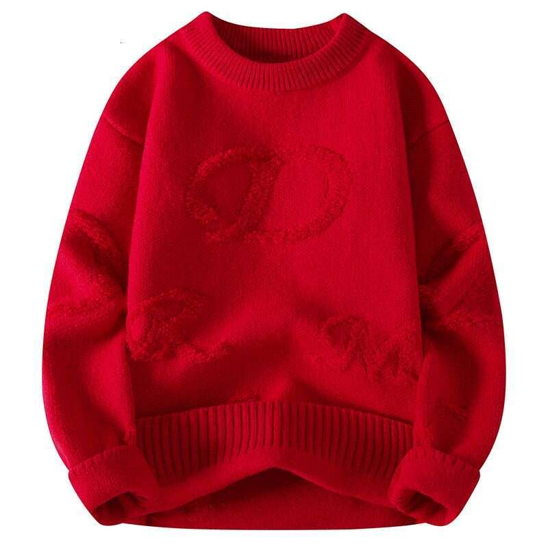 Red Round Neck Men's Autumn And Winter Trendy Brand Loose Knit Base Sweater, Thick Couple's Lazy Style Sweater