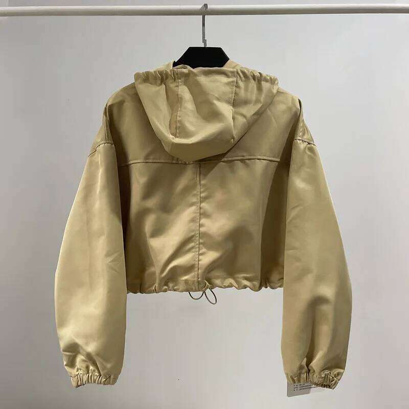 Autumn Pink Drawstring Hooded Cargo Jackets Zipper Coat with Pockets Women Top Windbreaker