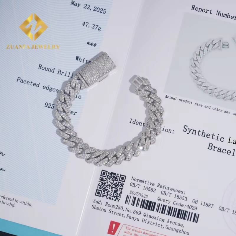 Hot Sale Jewelry Hip Hop 12mm Mens 925 Sterling Silver Lab Diamond Iced Out VVS Moissanite Cuban Link Bracelet