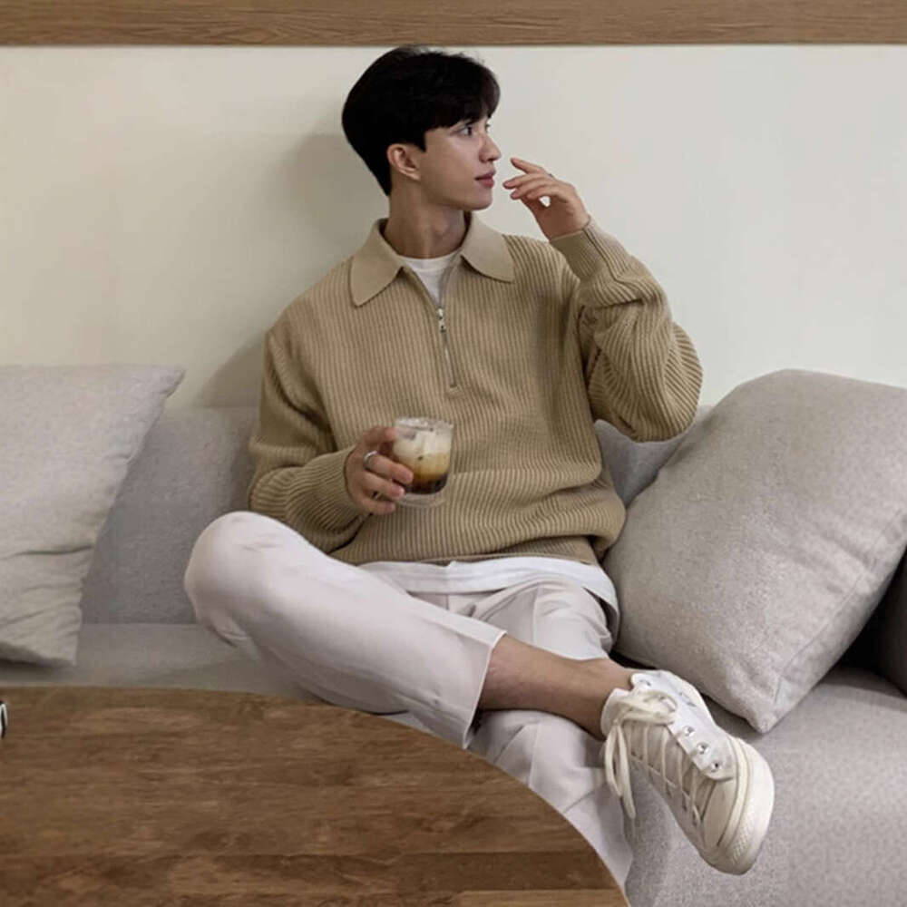Half-Zip Sweater For Men, Autumn And Winter Korean Lazy Style, Turn-Down Collar Knitwear, Loose Casual Sweater, Trendy B5