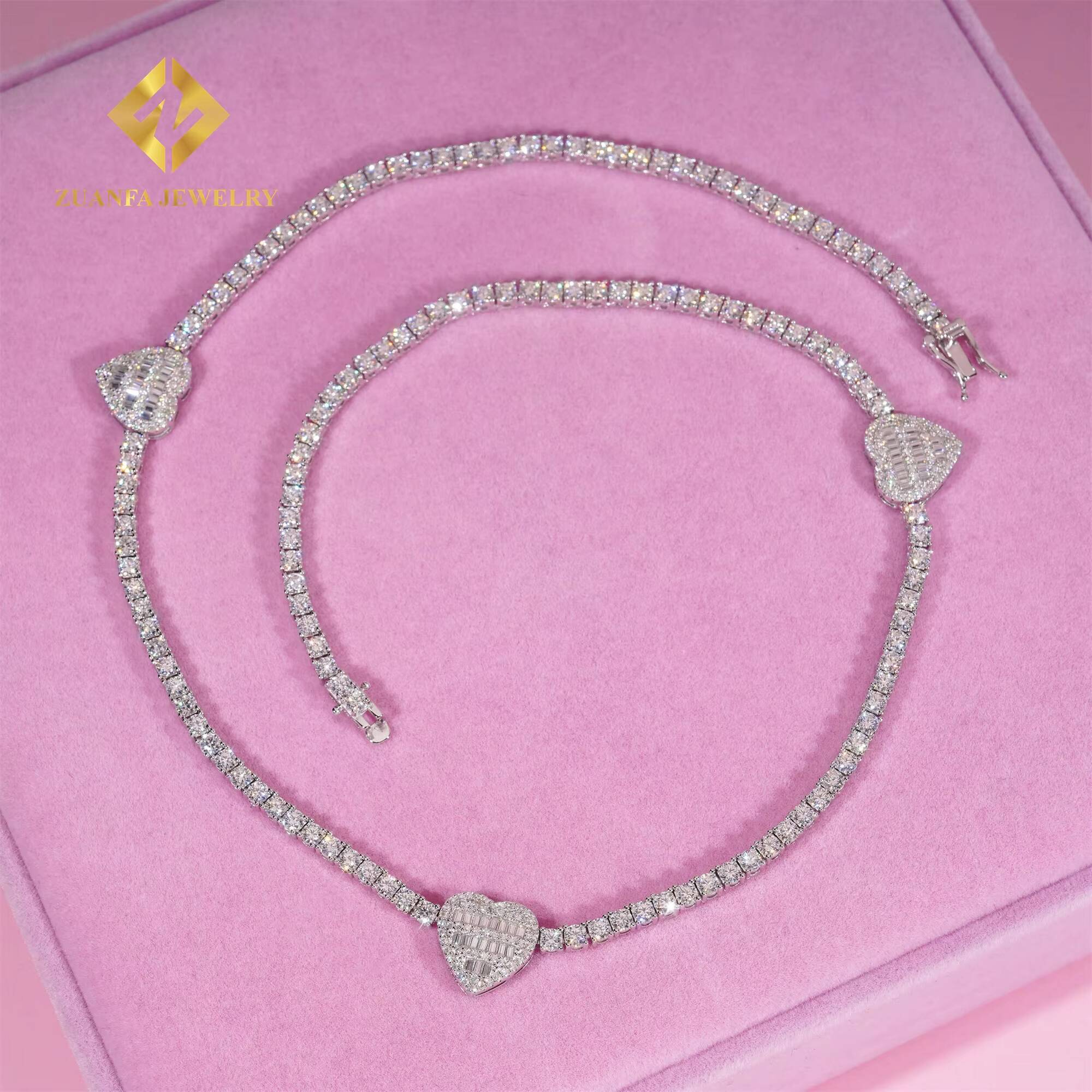 GRA Certificate Elegant Women Gift Jewelry 3mm 925 Sterling Silver Iced Out VVS1 Moissanite Diamond Heart Cluster Tennis Chain