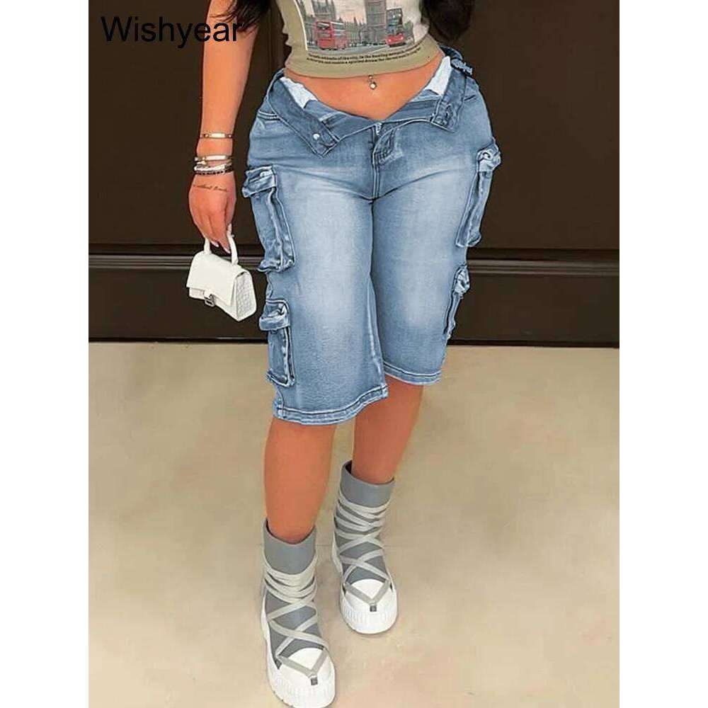 Fashion Washed Blue Denim Wide Leg Pants Women Casual Multi-pocket Loose Streewwear Boyfriend Short Mid Jeans Bottoms Clubwear