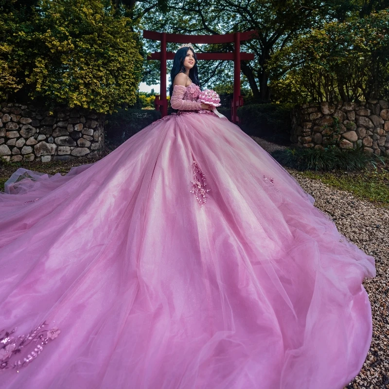 Pink Princess Sweet 16 Dress Quinceanera Dresses Off The Shoulder Applique Flower Beading Crystal Tull Corset Party Birthday Vestido De 15 Anos