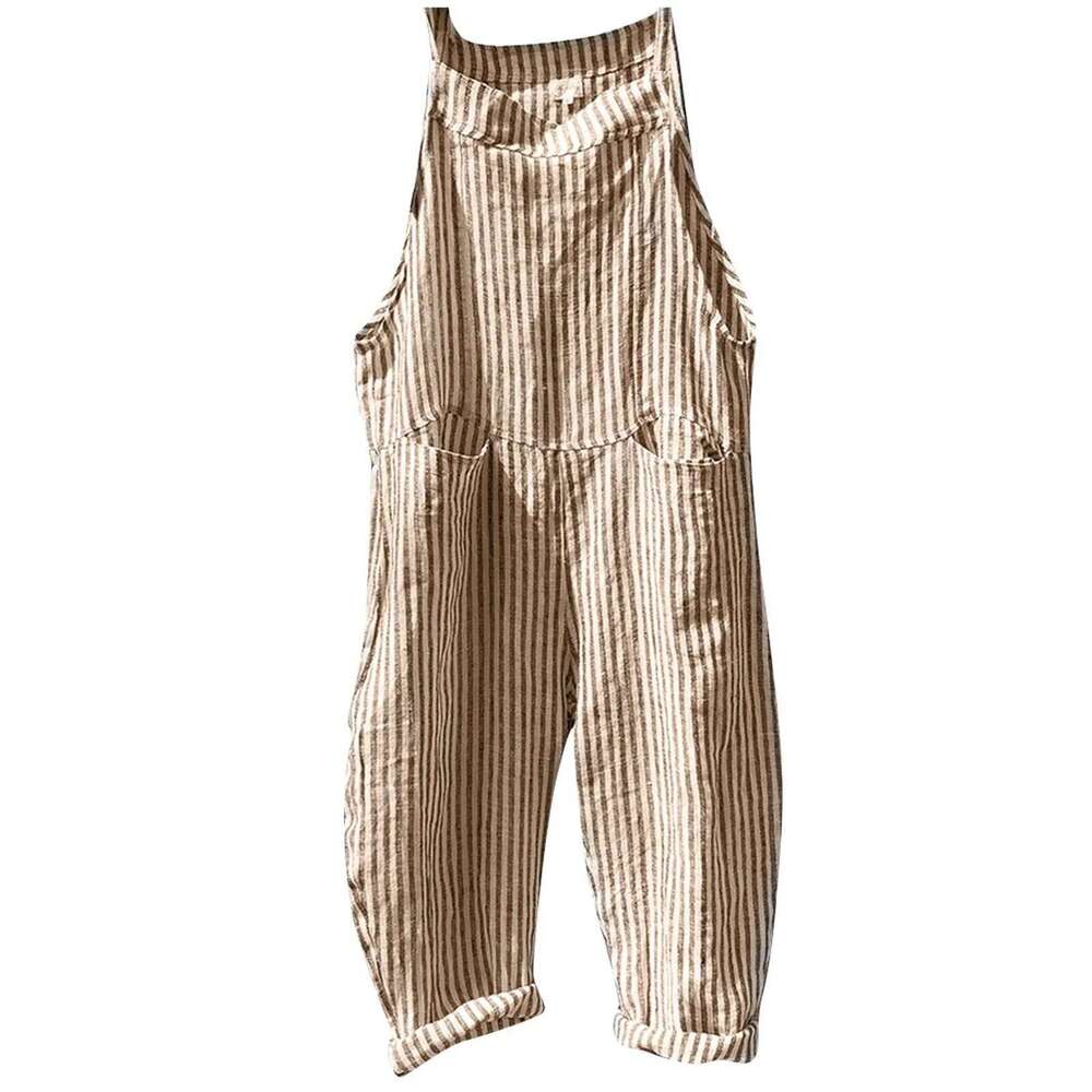Casual Striped Overalls Korean Style Women's Summer Loose Fit Suspenders Jumpsuits Contrast Color Wide Leg Pants With Pockets