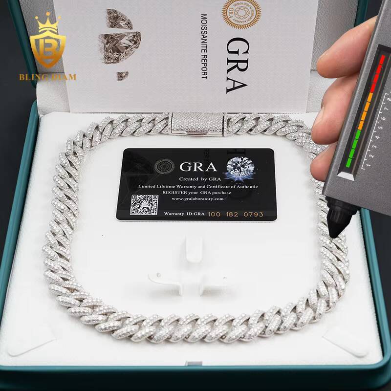 Custom Pass Diamond Tester Hip Hop 925 Iced Out 15MM Cuban Chain Necklace VVS Moissanite Cuban Link Chain Necklace