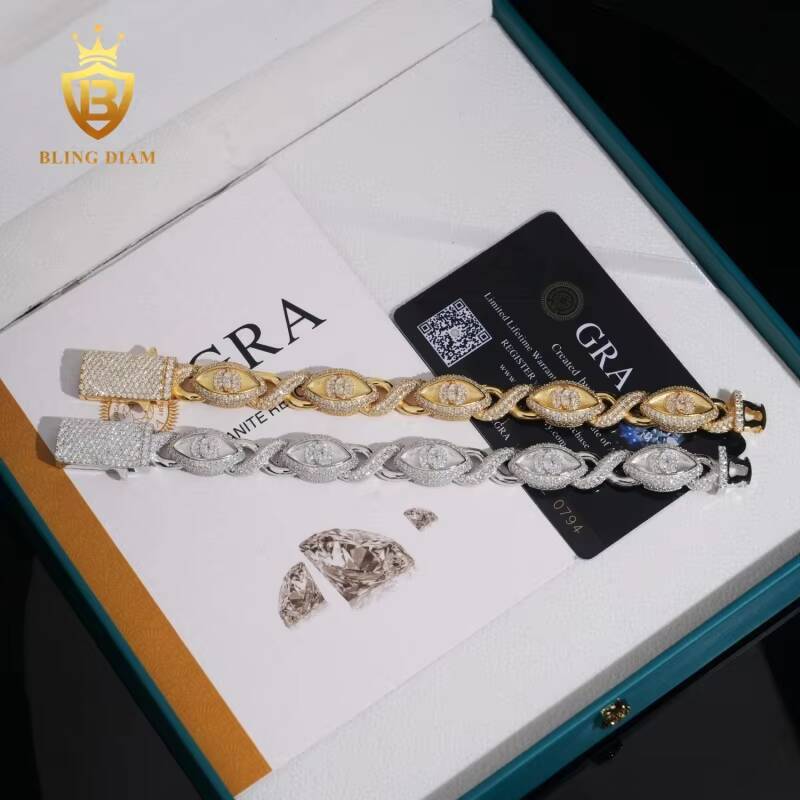 Pass Diamond Tester 12mm Rapper Jewelry Iced Out Hip Hop S925 Moissanite Evil Eyes Diamond Jewelry Cuban Link Bracelet Man