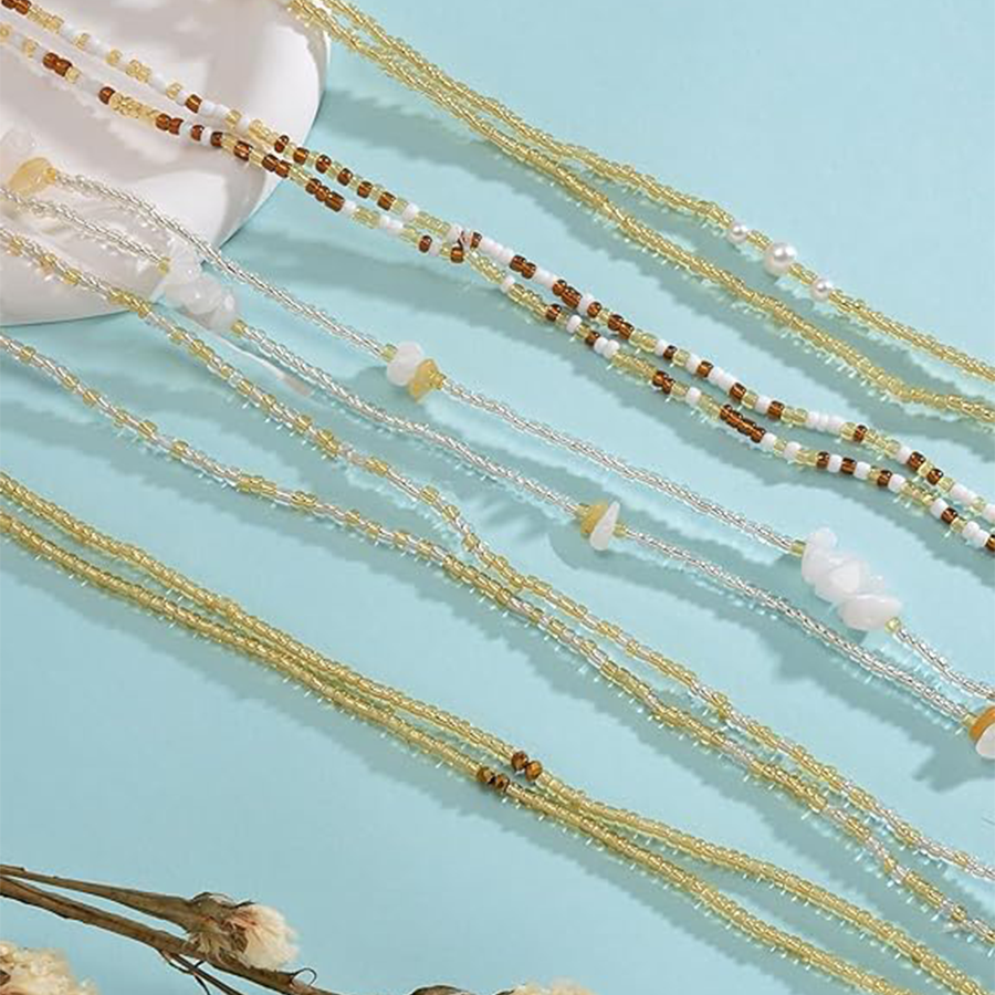 8Pcs 31.5 Inches African Waist Bead Chain Elastic Belly Beads Butterfly Shell Layered Body Chain Gold Tone Jewelry Accessories for Women